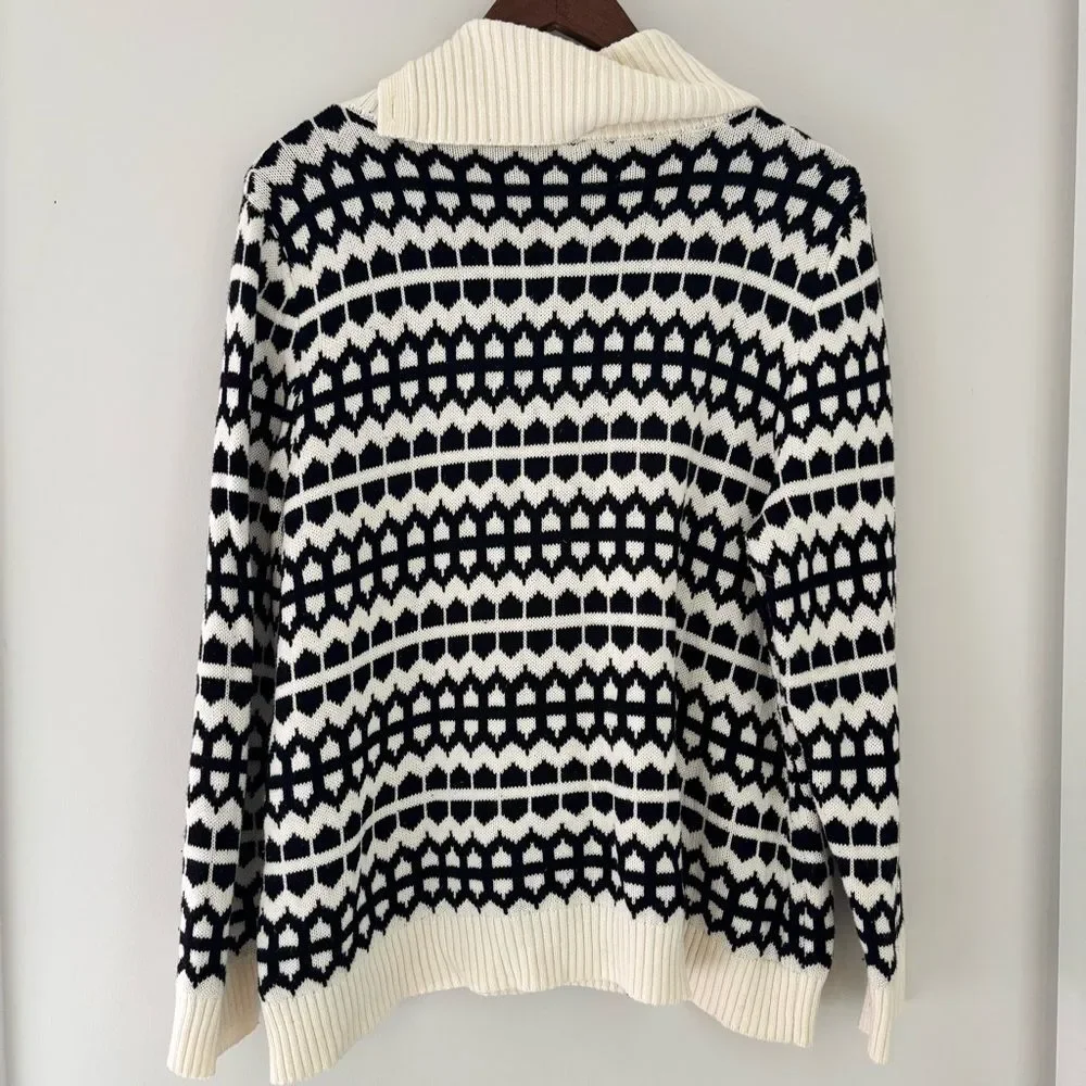 Talbots Petites Black White Geometric Knit Funnel Neck Button Sweater XLP